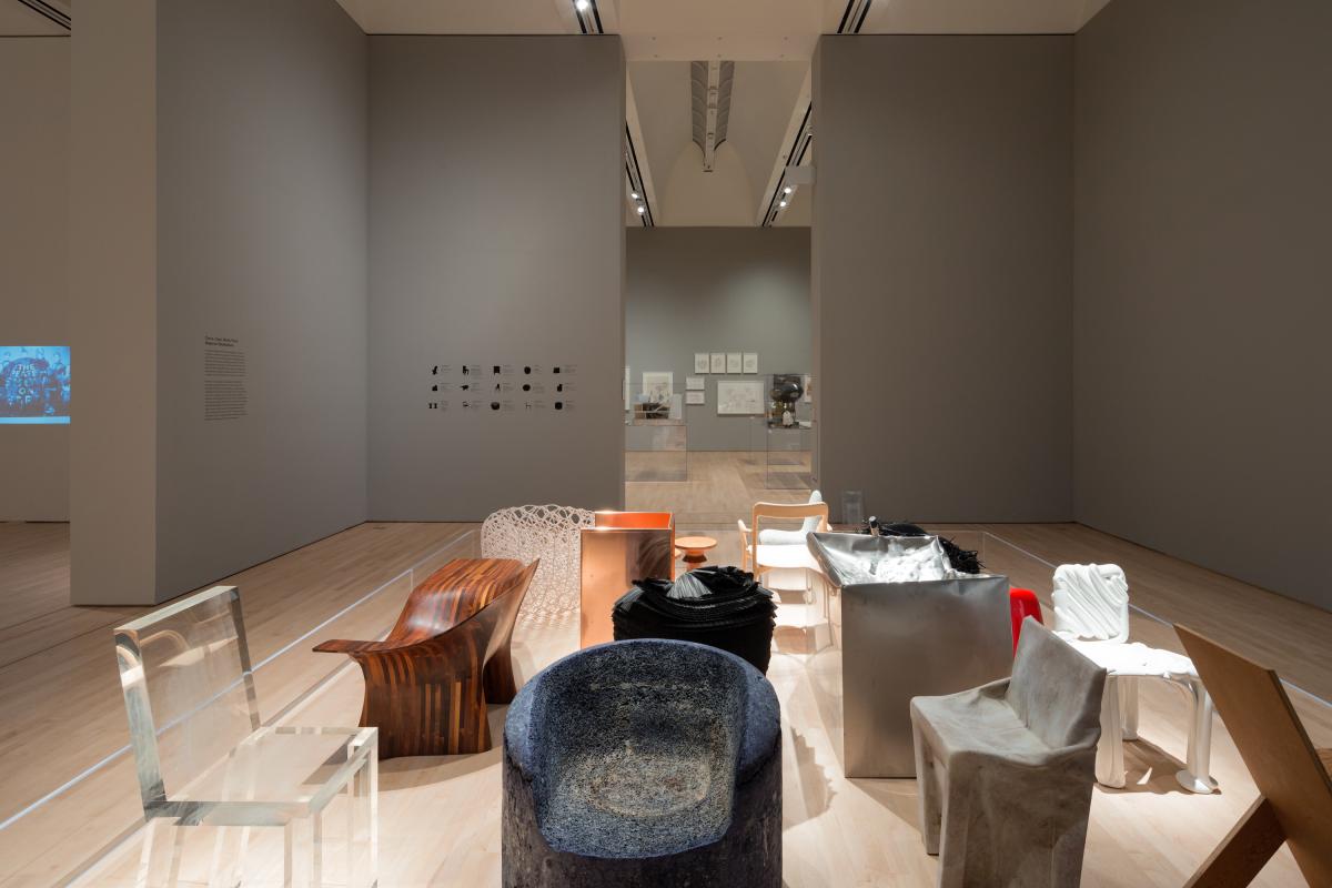 The Campaign for Art Modern and Contemporary exhibition featuring a selection of chairs each of a single material; photo Iwan Baan, courtesy SFMOMA.