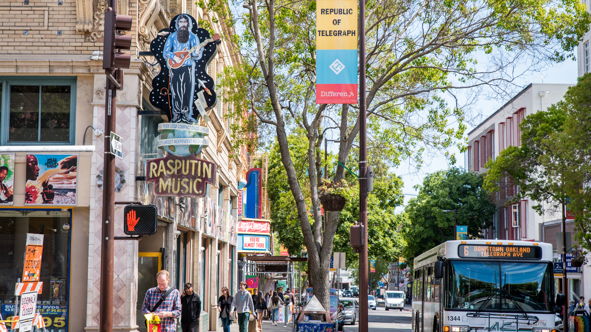 The atmosphere along Telegraph Avenue has cooled down since the 1960s and 70s, but it remains a hub of student and visitor activity along its last 5 blocks leading up to campus.