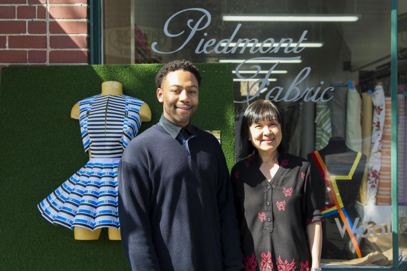 Sean Porter and Lan Nguyen standing outside of Piedmont Fabric in Oakland. 