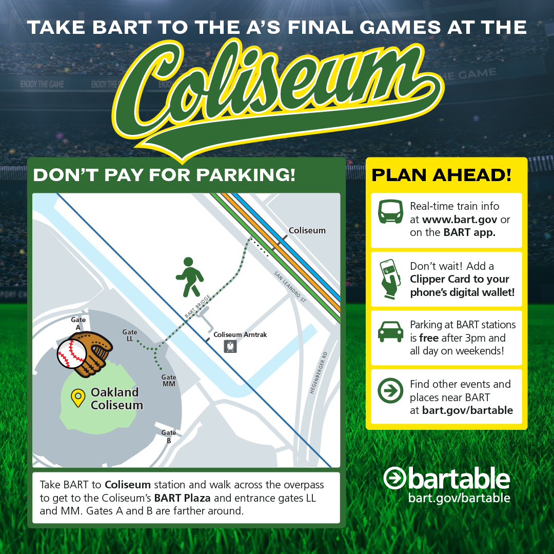 graphic of a map and text explaining how to get to the coliseum from BART