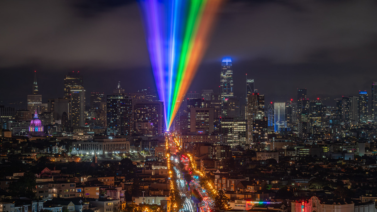 Pride flag in lights above San Francisco