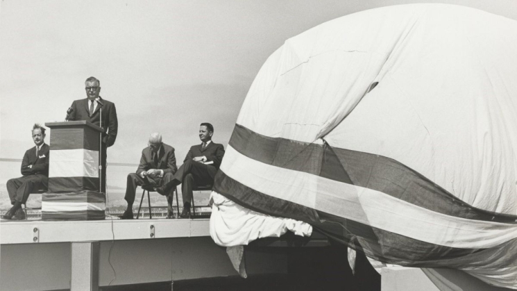 Representatives speak at the BART car prototype unveiling in June 1965. Photo courtesy of Sundberg-Ferar.