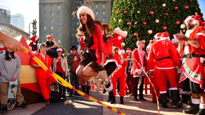 Santa lovers enjoying SantaCon in San Francisco